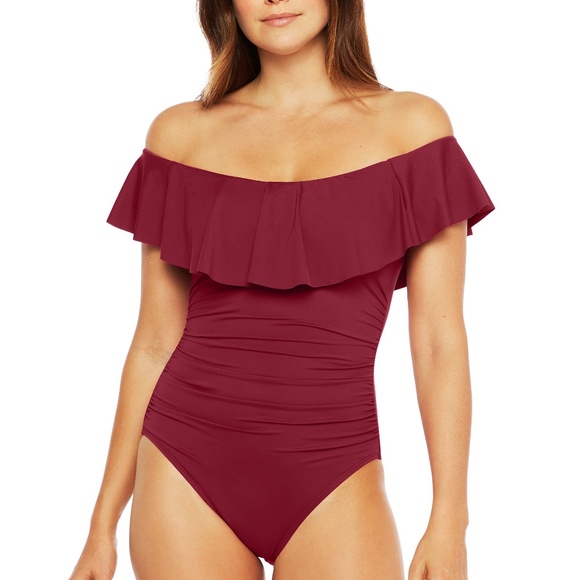 La Blanca Off-Shoulder Burgundy One Piece - Picture 1 of 7